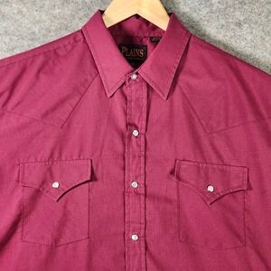 PLAINS WESTERN WEAR Mens Burgundy Long‎ Sleeve Pearl Snap Front Shirt XL Rodeo